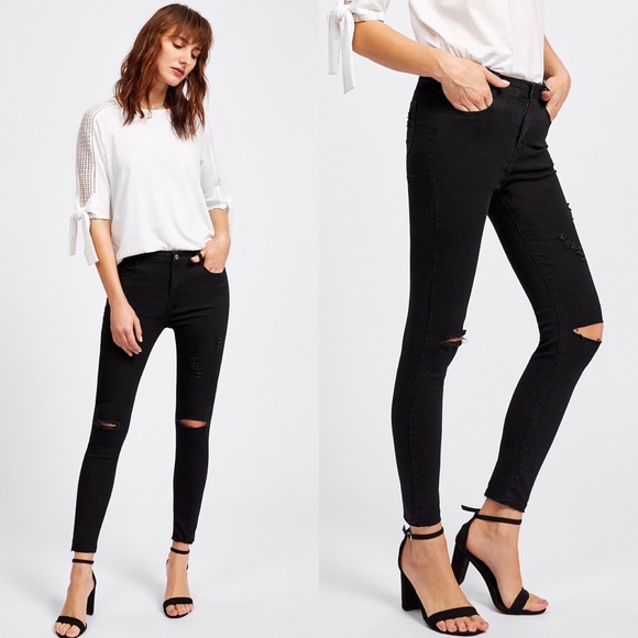 distressed black skinny jeans knee slits - Picture 3 of 5